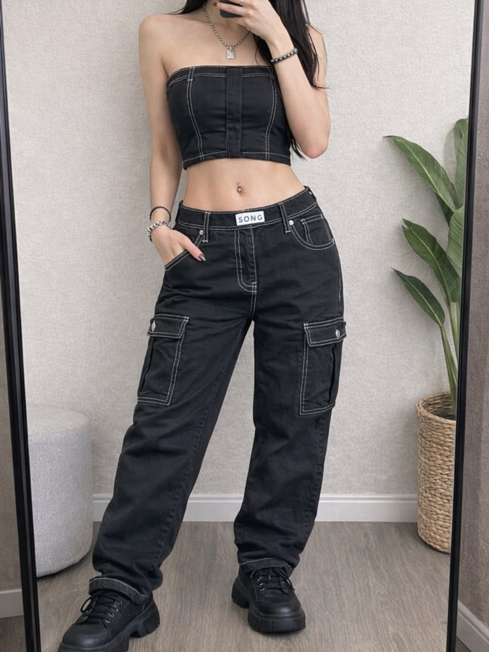Rue21 Black Tube Top | Contrast Stitch Strapless Crop (L)